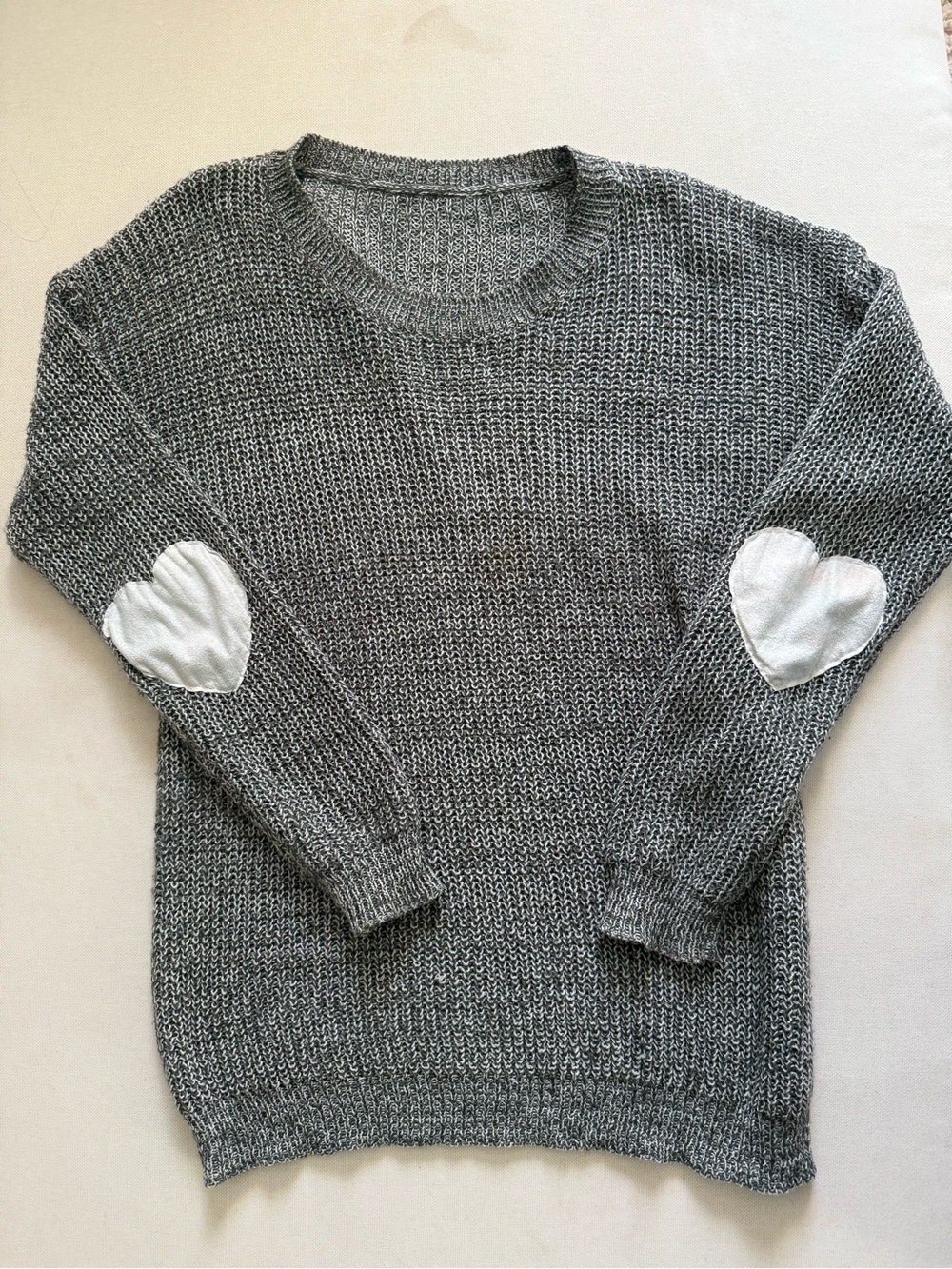 Gray Knit Sweater with White Heart Elbow Patches